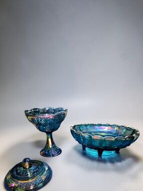 Iridescent Blue Carnival Glass Bowl and Compote Set